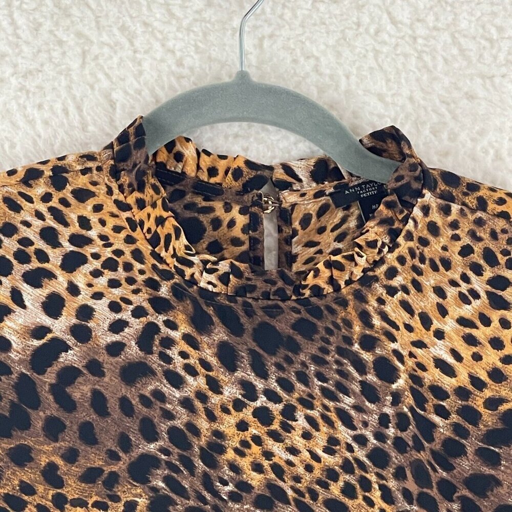Ann Taylor Factory Brown Animal Print Shirt Womens Long Sleeve High Neck Size MP - Picture 3 of 15